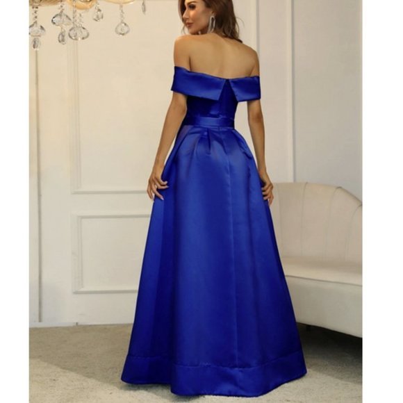 Chic Off Shoulder Boxy Pleated Split Thigh Prom Maxi Dress Blue - Picture 2 of 9